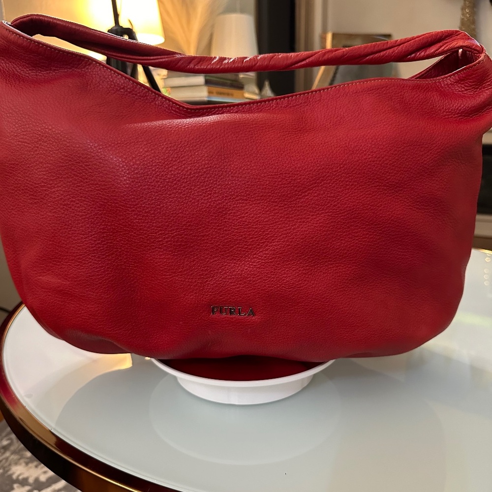 FURLA | Cherry Red Satchel w/Popping White on Black Polka Dot Interior